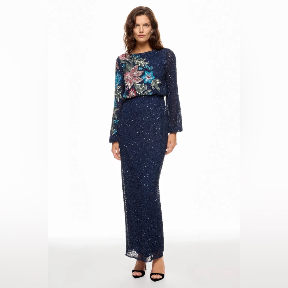Mac Duggal 5615 Navy Embellished Multi Color Floral High Neck Gown Sz 4